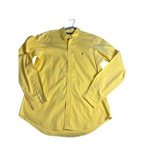 Ralph Lauren Mens Yellow Striped Custom Fit Button-Up Shirt Size 16.5/37 Long Sl
